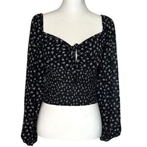 Love Tree Sheer Cropped Milkmaid Top Large Ditsy Floral Smocked Babydoll Y2k